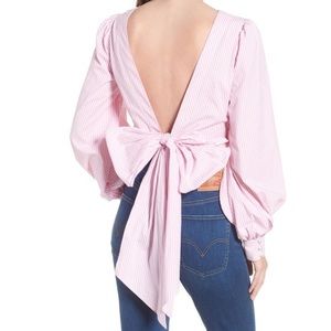 Wayf Dayna Pink White Wrap Blouse S Striped Bow Draped Front Low Back Puffy